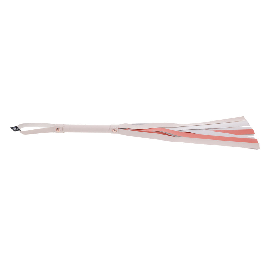 Faux leather flogger with white and rose gold strips and a striped handle.