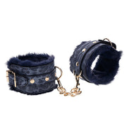 Navy faux fur lined cuffs with gold hardware and chain.