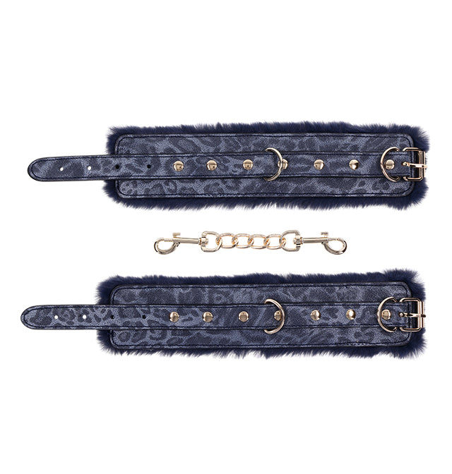 Navy faux fur lined cuffs with gold hardware and chain.