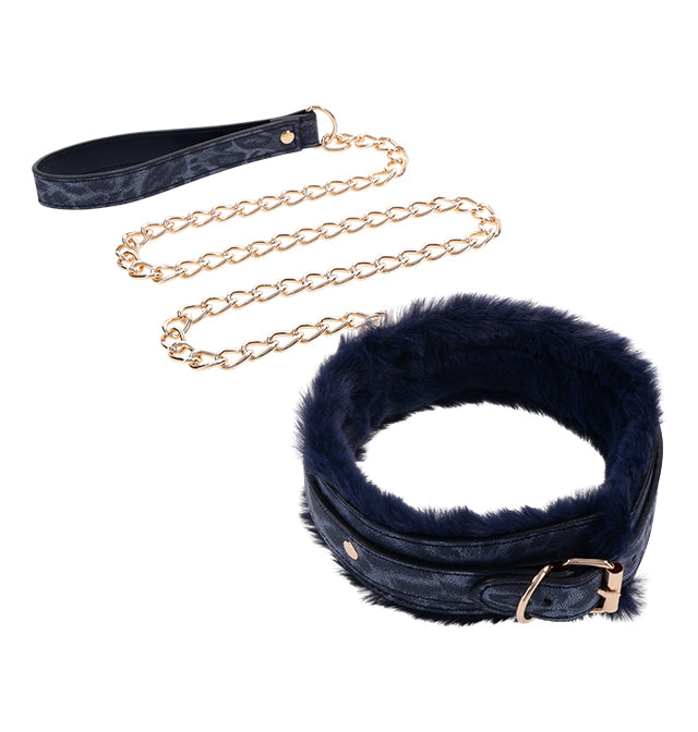 Navy faux fur collar and gold chain leash set.