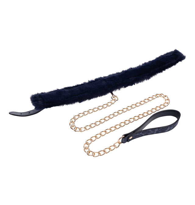 Navy faux fur collar with a gold chain leash.