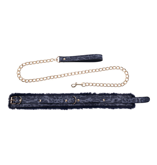 Navy faux fur collar and gold chain leash set.