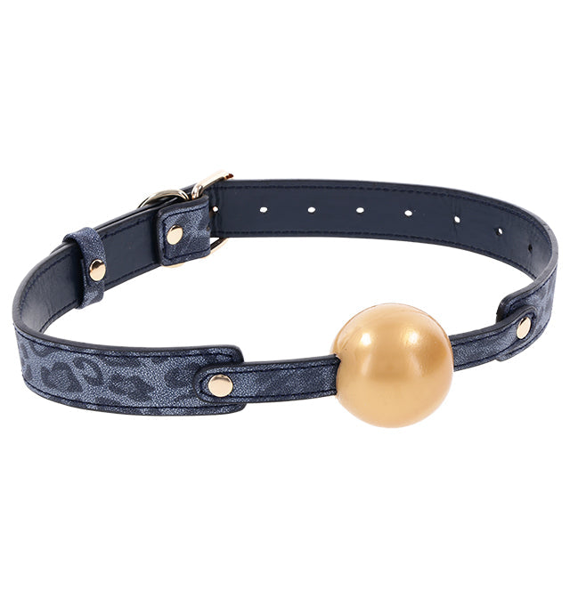 Navy and gold ball gag with leopard print strap.