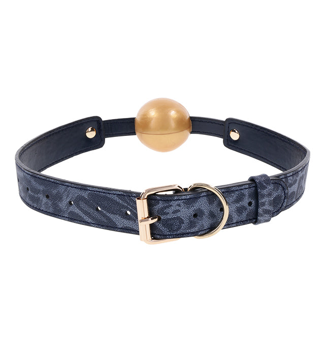 Navy and gold ball gag with adjustable strap.
