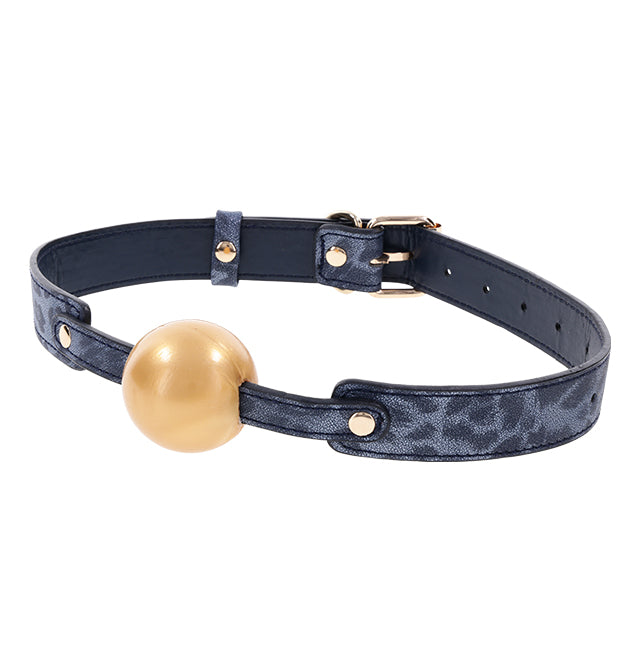 Navy and gold ball gag with adjustable strap.