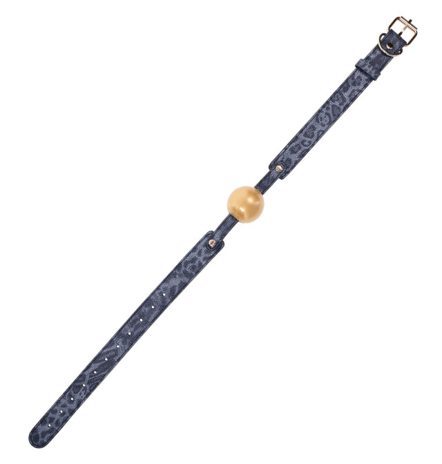 Navy and gold soft rubber ball gag with leopard print strap.