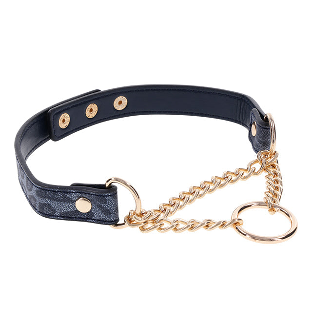 Dark faux leather collar with gold chain and rings.