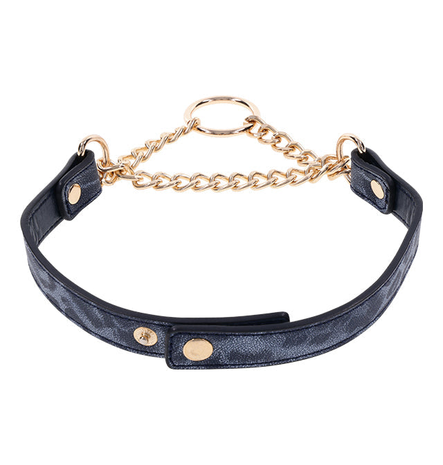 Black faux leather day collar with gold chain and ring.