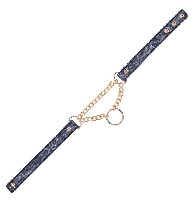 Black faux leather collar with gold chain and ring.