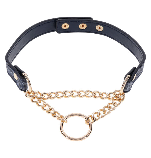 Black faux leather day collar with gold chain and ring.