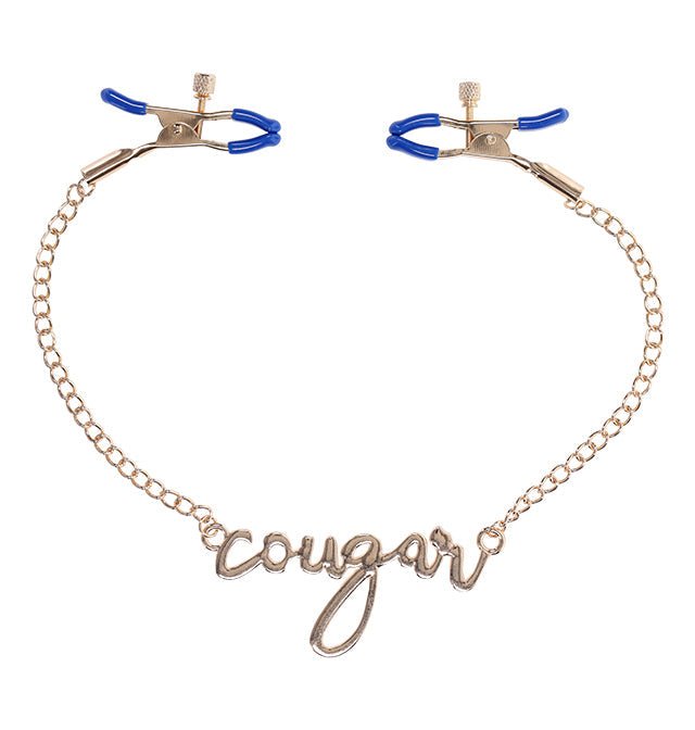 Gold chain nipple clamps with "cougar" script and blue tips.