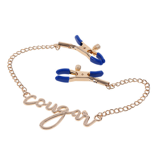 Gold chain with adjustable blue-tipped nipple clamps and "cougar" script.