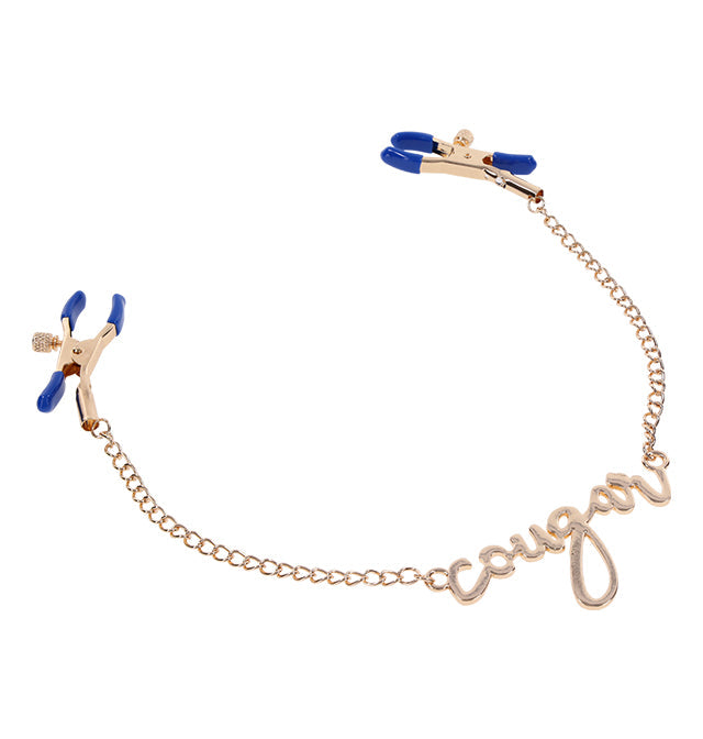 Gold chain nipple clamps with blue tips and "cougar" script.