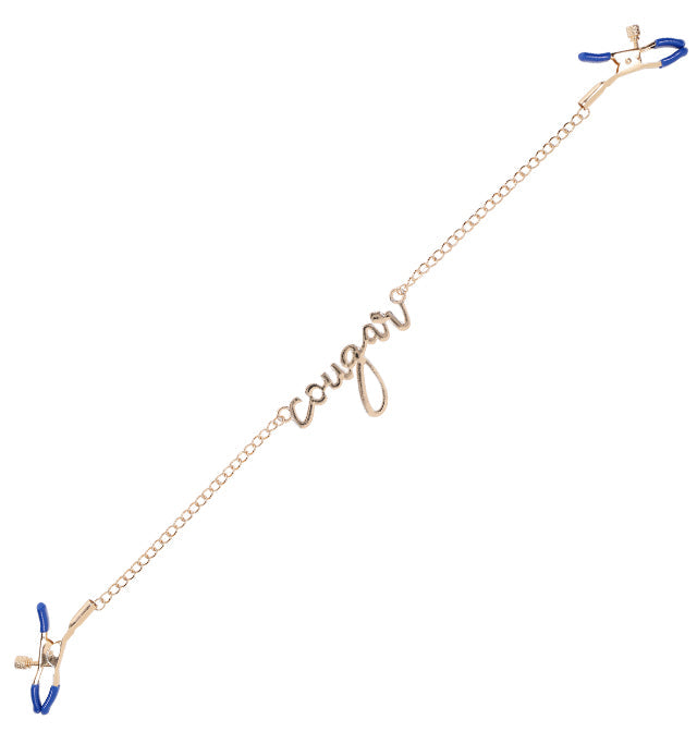 Gold chain nipple clamps with "cougar" script and blue tips.