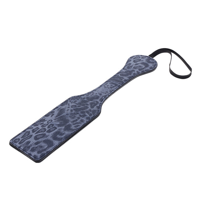 Blue leopard print faux leather paddle with a wrist strap.