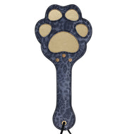 Blue faux leather paddle shaped like a cougar paw with gold accents and a wrist loop.
