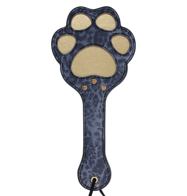 Blue faux leather paddle shaped like a cougar paw with gold accents and a wrist loop.