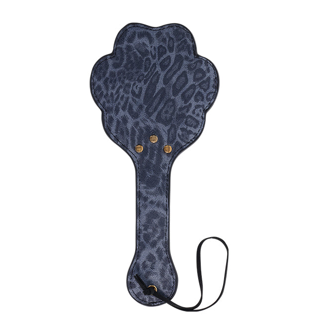 Blue leopard print faux leather paddle with a paw shape and wrist loop.