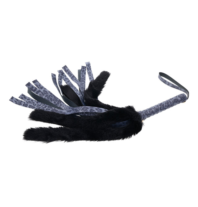 Navy blue faux fur and leather flogger with leopard print accents.