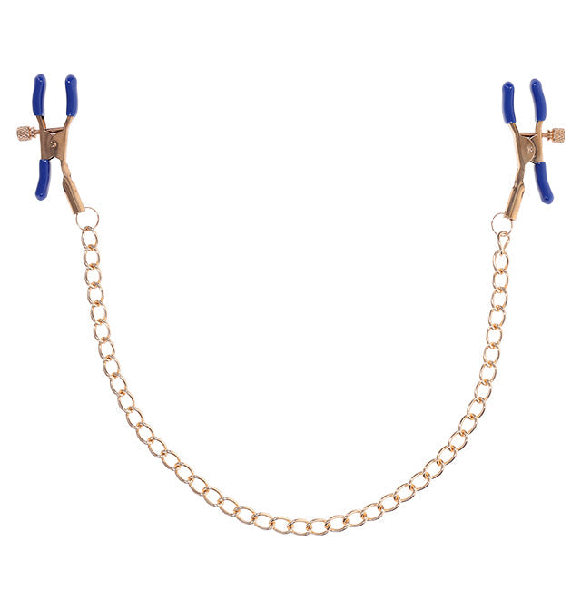 Adjustable nipple clamps with a gold chain and blue tips.