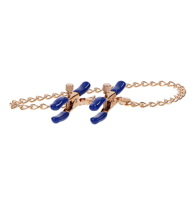 Adjustable gold nipple clamps with blue tips and a gold chain.