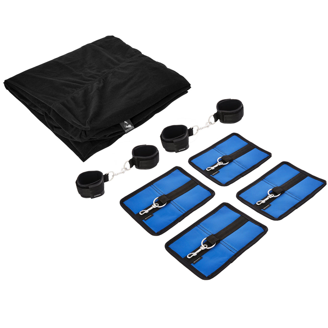 King size black bondage bed sheet with blue restraints and cuffs.