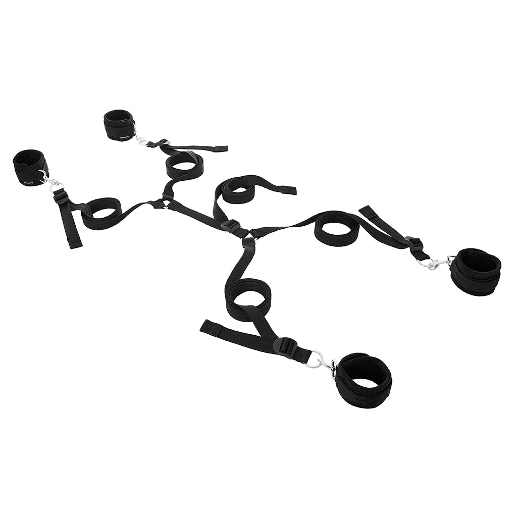 Black restraint system with four adjustable cuffs and straps.