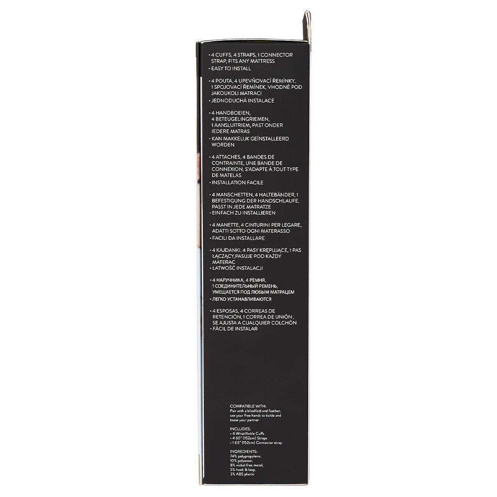 Under the bed restraint system with 4 adjustable cuffs and connector strap.
