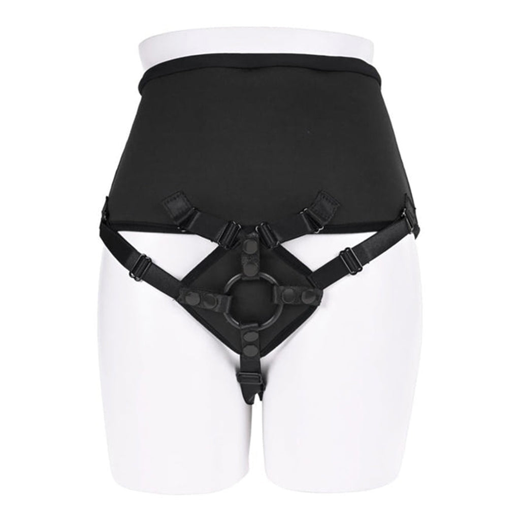 Black high-waisted corset strap-on harness with adjustable laces.