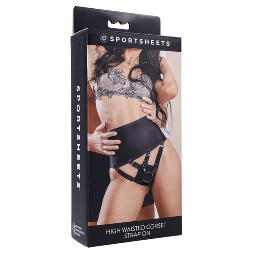 Sportsheets high-waisted corset strap-on harness with adjustable laces.