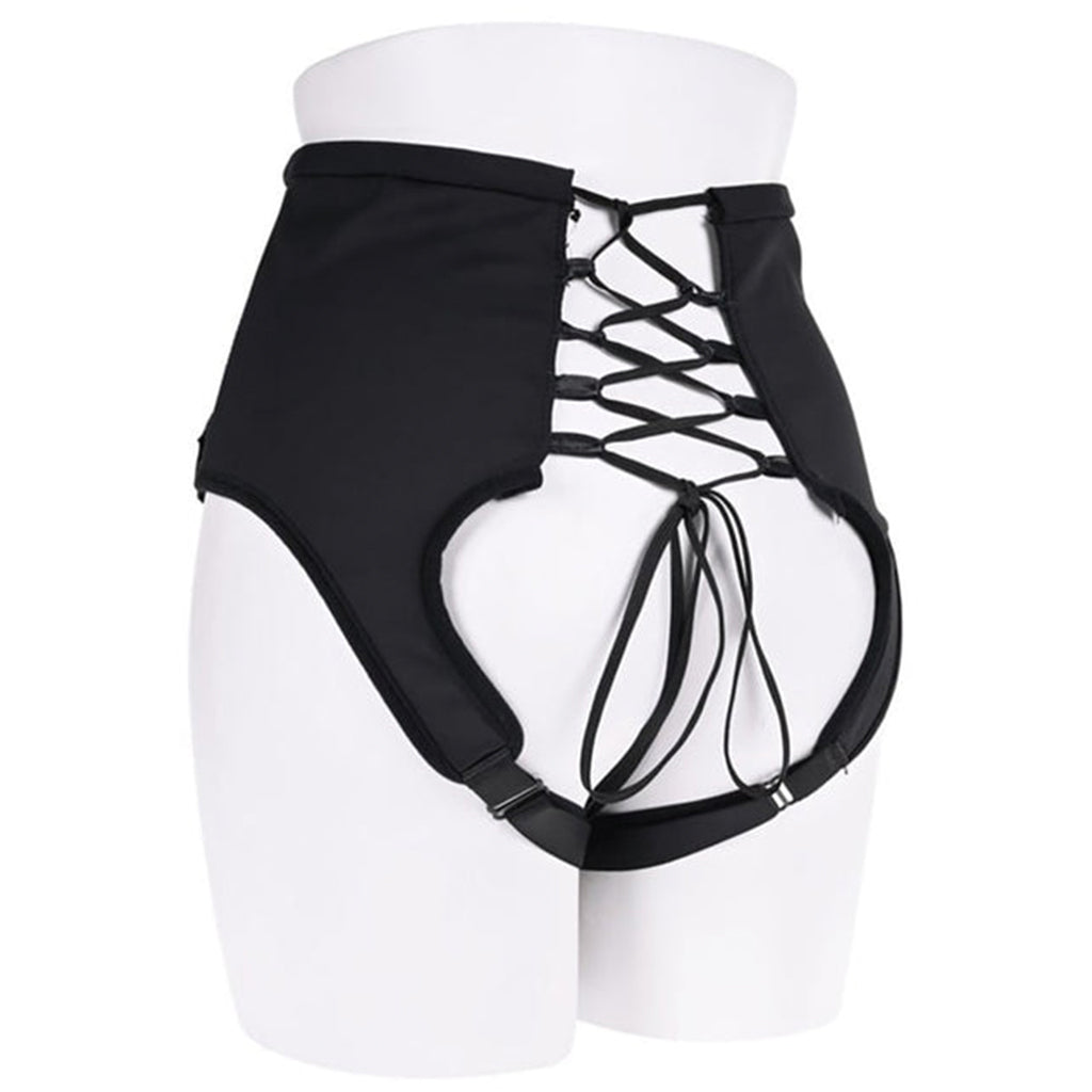 Black high-waisted harness with adjustable corset lacing and straps.