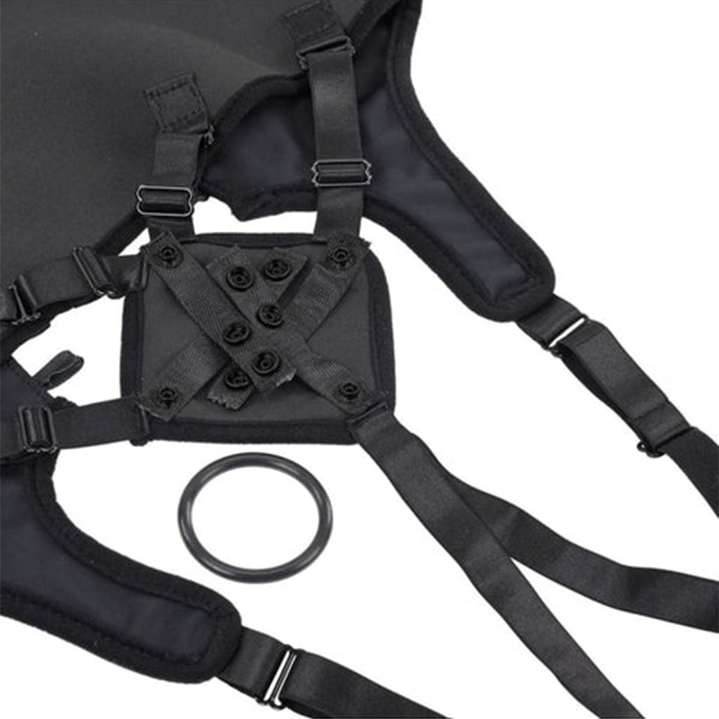 Black high-waisted corset strap-on harness with adjustable straps and an O-ring.