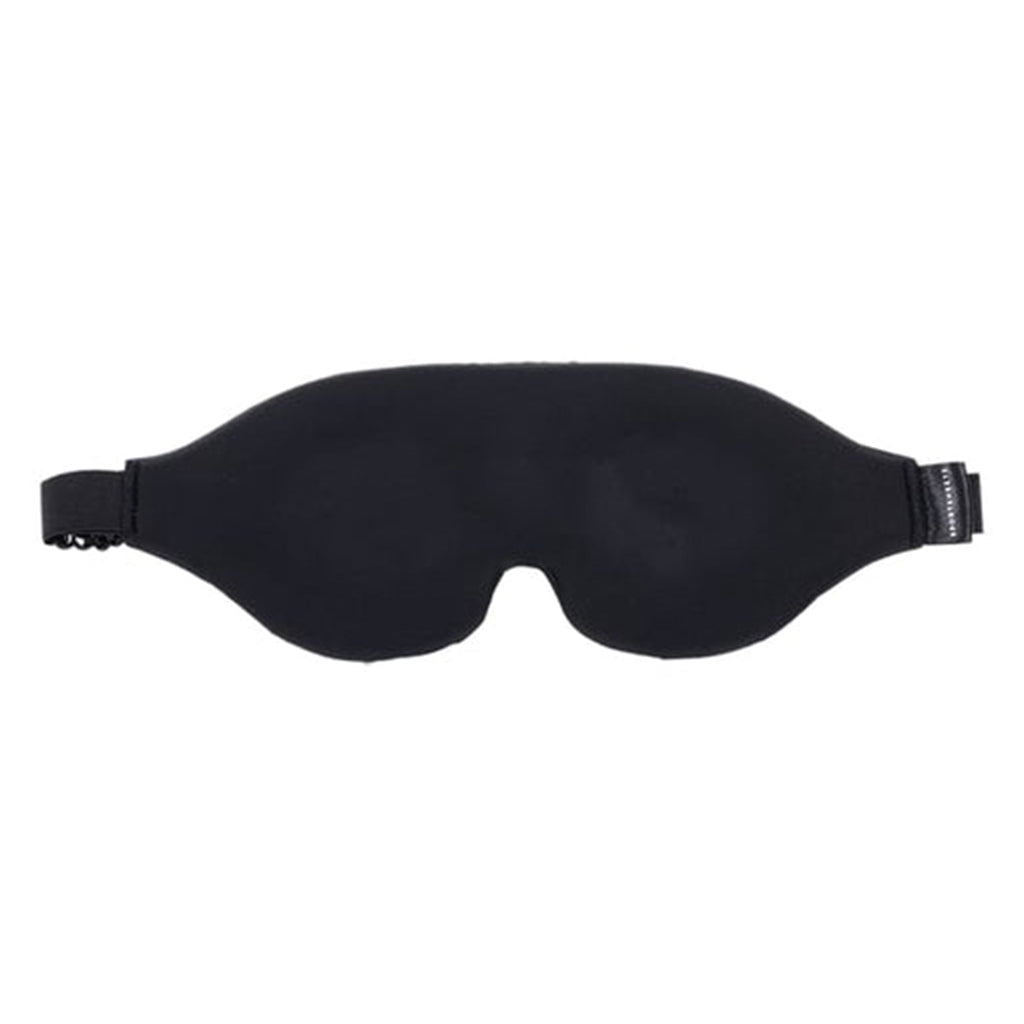 Black memory foam blindfold with adjustable strap.