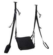 Black adjustable door jam sex sling with a padded seat.