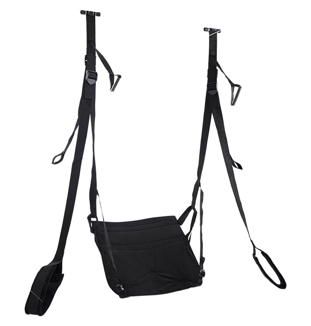 Black adjustable door jam sex sling with a padded seat.