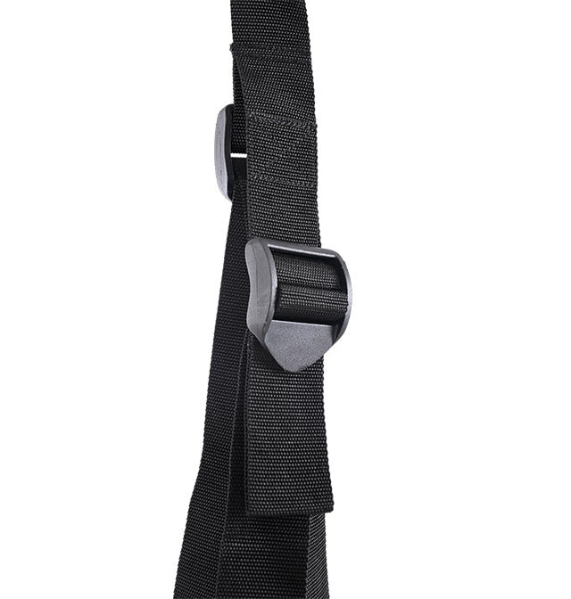 Black adjustable strap with plastic buckle.