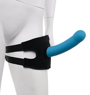 A blue dildo is attached to a black thigh strap on a mannequin.