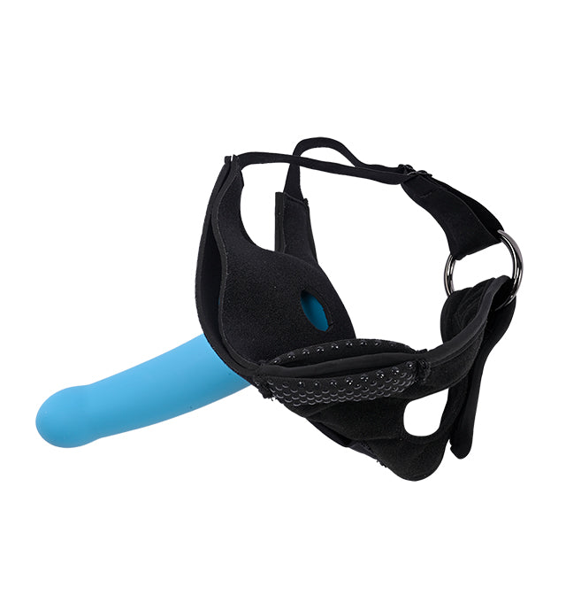 Black thigh strap with a blue dildo attachment.