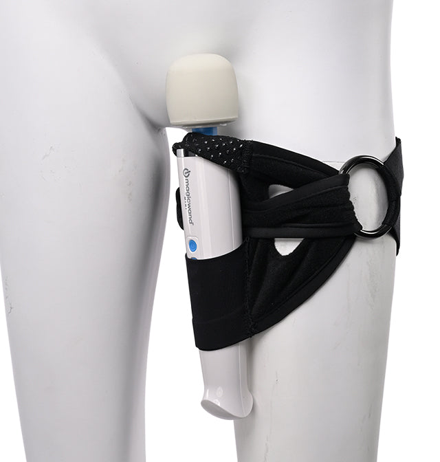 Black thigh strap with a white wand vibrator holder.