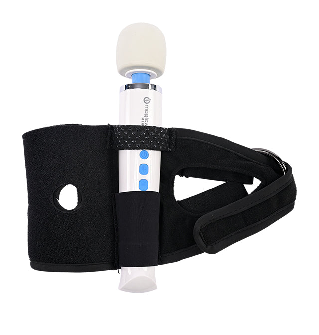 Black thigh strap with a white wand vibrator holder.