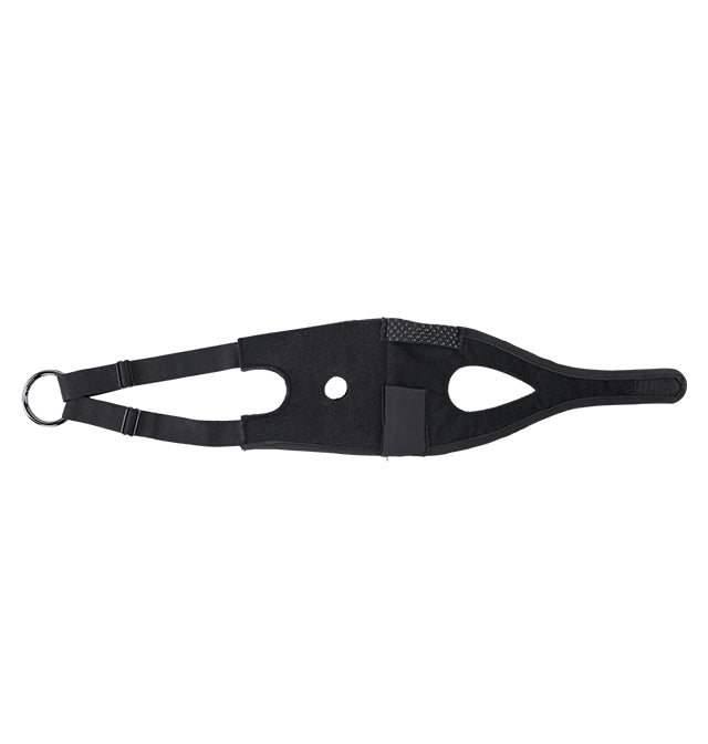 Black thigh strap with a metal ring and two openings.