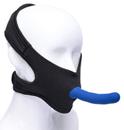 Black neoprene face harness with a blue insert on a mannequin.