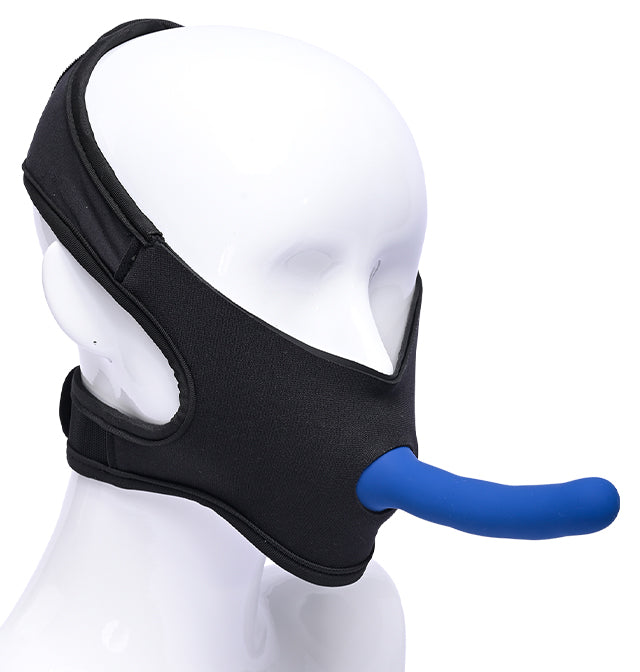 Black neoprene face harness with a blue insert on a mannequin.