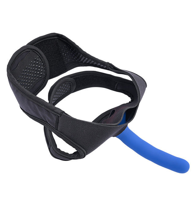Black neoprene strap-on harness with a blue dildo attachment.