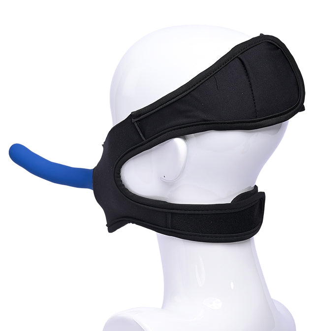 Black neoprene face harness with a blue attachment on a mannequin.
