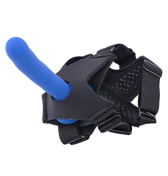 Black foot harness with a blue insert for a dildo.