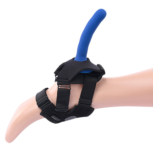 Pivot Flex foot harness with blue dildo attachment.