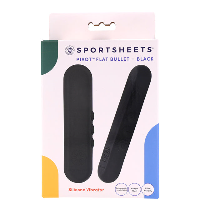 Black Sportsheets Pivot Flat Bullet silicone vibrator on packaging.