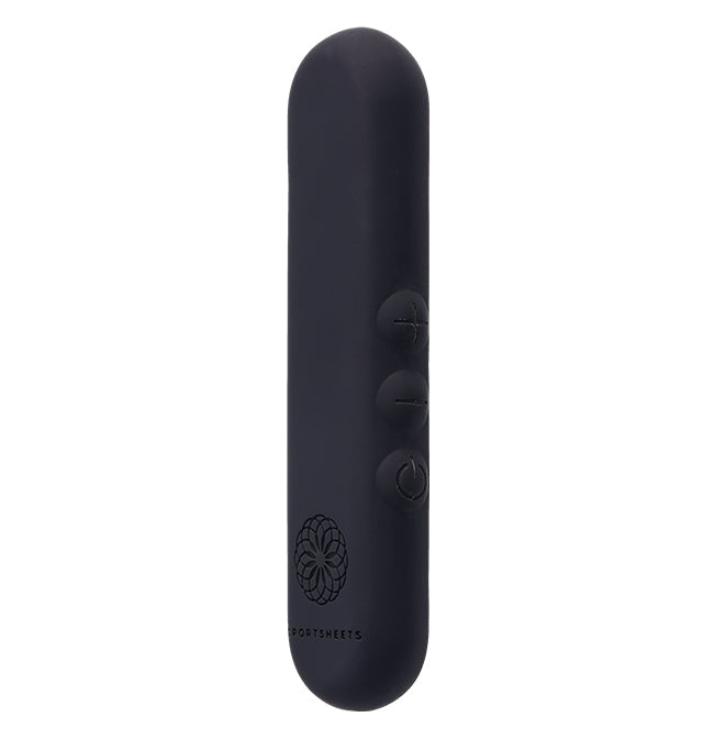 Black silicone vibrator with three buttons and a logo.