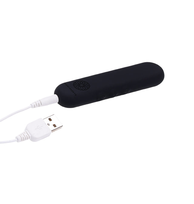 Black silicone vibrator with USB charging cable.